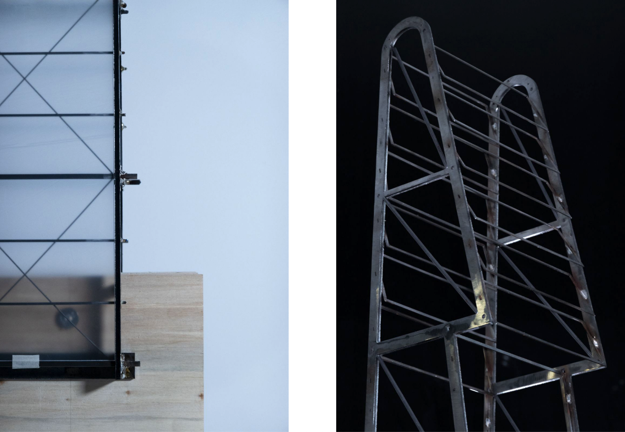 Side-by-side image showing two architectural models. The left image features a detail of a translucent panel mounted on a wooden base, supported by a black metal framework with cross bracing. The right image shows a sculptural, ladder-like steel structure with angular cross bracing, set against a black background.